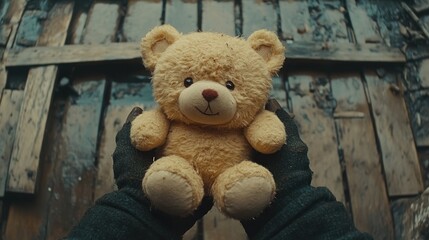 Abandoned teddy bear held outdoors, wooden background, charity