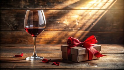 A glass of red wine with a gift box tied with a red ribbon on a wooden table with scattered rose petals