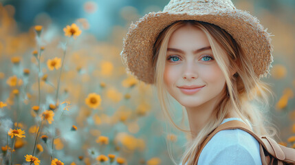 A woman with long, flowing hair and a wide-brimmed hat smiles gently while surrounded by bright yellow flowers. Soft sunlight enhances the serene atmosphere of the scene