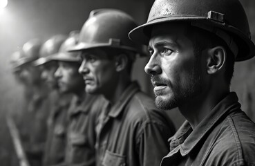 Obraz premium Monochrome shot of exhausted coal miners with soot-covered faces. Men look fatigued, contemplative. Hard work underground. Team wearing uniform, helmets. Mining industry, job risks, history.