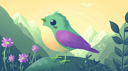 Fototapeta premium Cute bird mountain sunrise nature illustration
