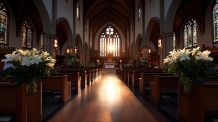 A church with a large stained glass window and pews