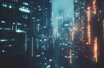 Futuristic city night data stream