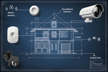 A blueprint of digital network security design illustrating home protection via camera and sensor technology