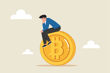 Bitcoin hodl, holder who buy bitcoin or crypto currency for long term investment, crypto investing or believe in Bitcoin independence concept, calm businessman investor relax sitting on Bitcoin.