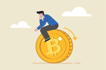 Bitcoin hodl, holder who buy bitcoin or crypto currency for long term investment, crypto investing or believe in Bitcoin independence concept, calm businessman investor relax sitting on Bitcoin.