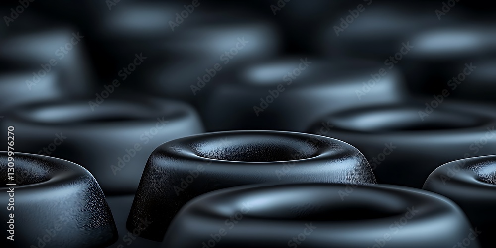 Poster close-up view of numerous black rubber grommets arranged in a pattern, showcasing texture and depth