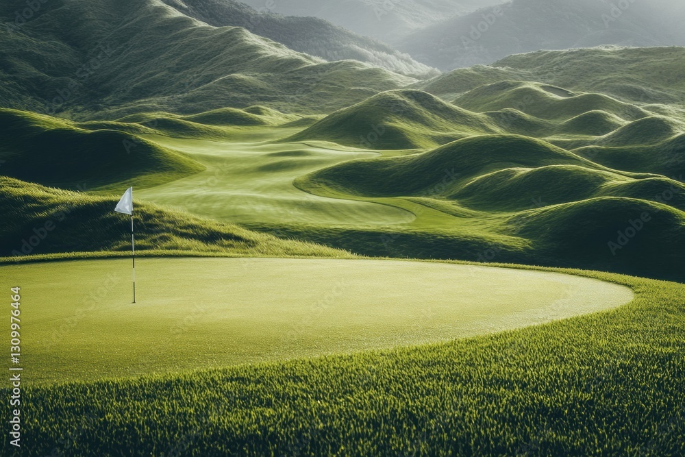 Poster serene golf course featuring a flag at the hole among rolling green hills and inviting landscape gen