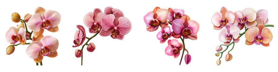 Set of various Bouquets of pink orchids isolated on transparent background