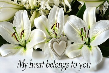 "My heart belongs to you" beside elegant white lilies on white