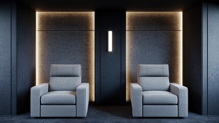 A modern, minimalist room featuring two gray recliner chairs flanked by softly glowing light panels and a sleek door.