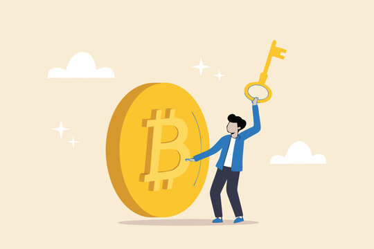 Private key or hardware wallet to store cryptocurrency or Bitcoin, security password or safety protection for crypto currency concept, confidence businessman investor holding private key with Bitcoin.