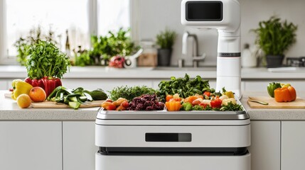 A modern kitchen with fresh vegetables and herbs displayed on the counter, featuring a sleek white appliance.