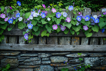 Vibrant morning glories bloom in profusion, cascading over a rustic wooden fence atop a weathered stone wall.