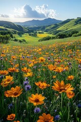 Fototapeta premium Vibrant wildflowers bloom hillside valley sun