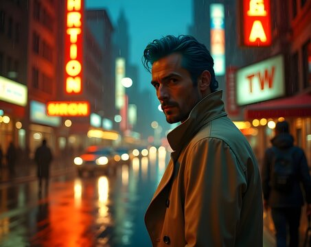 A man with blue hair stands on a rainy city street at night, wearing a trench coat, exuding a confident, cinematic presence amidst neon lights.