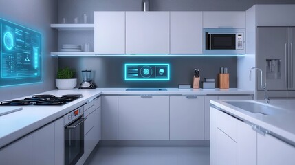 A modern kitchen featuring sleek white cabinetry, high-tech appliances, and a futuristic interface display on the wall.