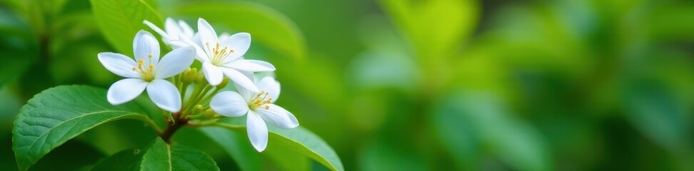 Fototapeta premium Fragrant white jasmine blossoms cluster on lush green bush , floral, vibrant