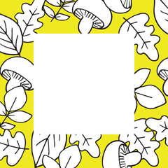 leaves and mushrooms vector autumn square frame Graphics doodle hand drawn illustration on yellow background with space for text base for textile tableware design and printing