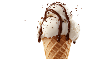 Delicious Chocolate-Covered Vanilla Ice Cream Cone isolated on a white background.