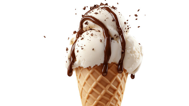 Delicious Chocolate-Covered Vanilla Ice Cream Cone isolated on a white background.