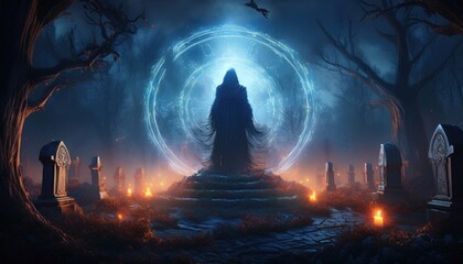 A sorcerer stands in a foggy graveyard, surrounded by glowing candles and ancient tombstones.