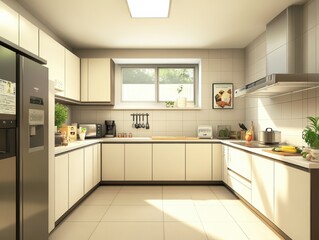 A clean modern kitchen interior showcasing cabinets and appliances in a room