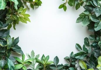 Fototapeta premium Green Leaves Frame on Soft White Background for Nature Themes, Eco-Friendly Designs, Botanical Illustrations, or Organic Lifestyle Concepts
