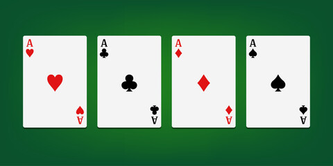 Cards of different suits on a green background. Vector clipart.