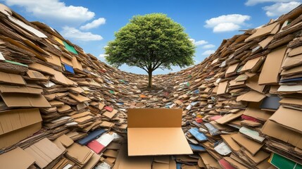 Tree grows from cardboard mountains under cloudy blue sky