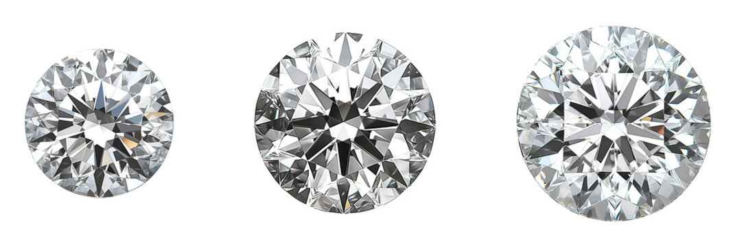 Set of various Polished diamonds of a perfect round shape isolated on transparent background