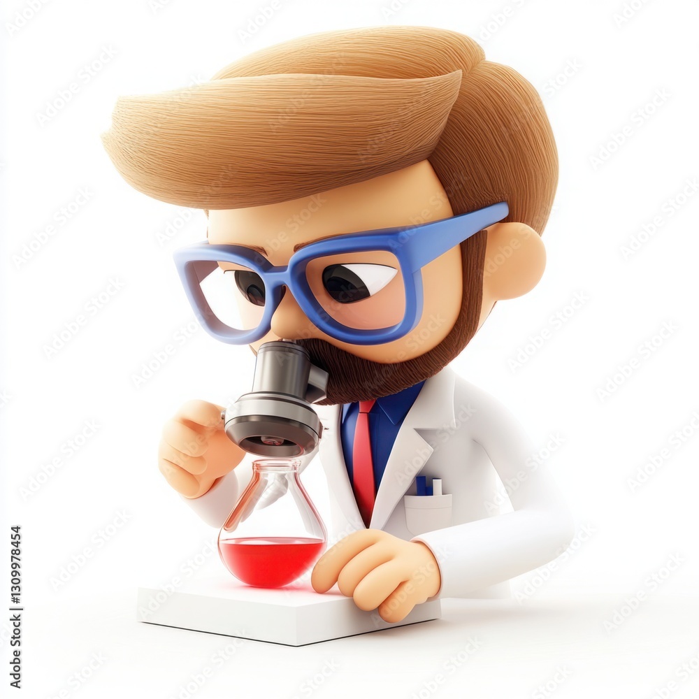 Poster cute cartoon character scientist observing liquid in flask using microscope, focusing on chemistry, 
