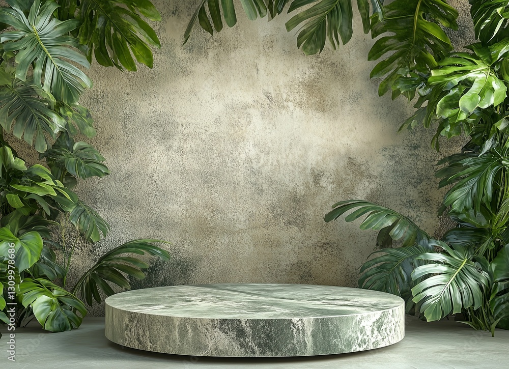 Poster 3d rendering of a marble podium with tropical leaves on a green and beige background for product pre