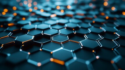 Obraz premium A close-up view of interconnected hexagonal shapes with a dark, metallic sheen and glowing orange accents, creating a futuristic, textured surface.