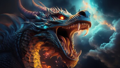 Obraz premium A fierce dragon unleashes a powerful roar as lightning strikes, revealing its majestic form.