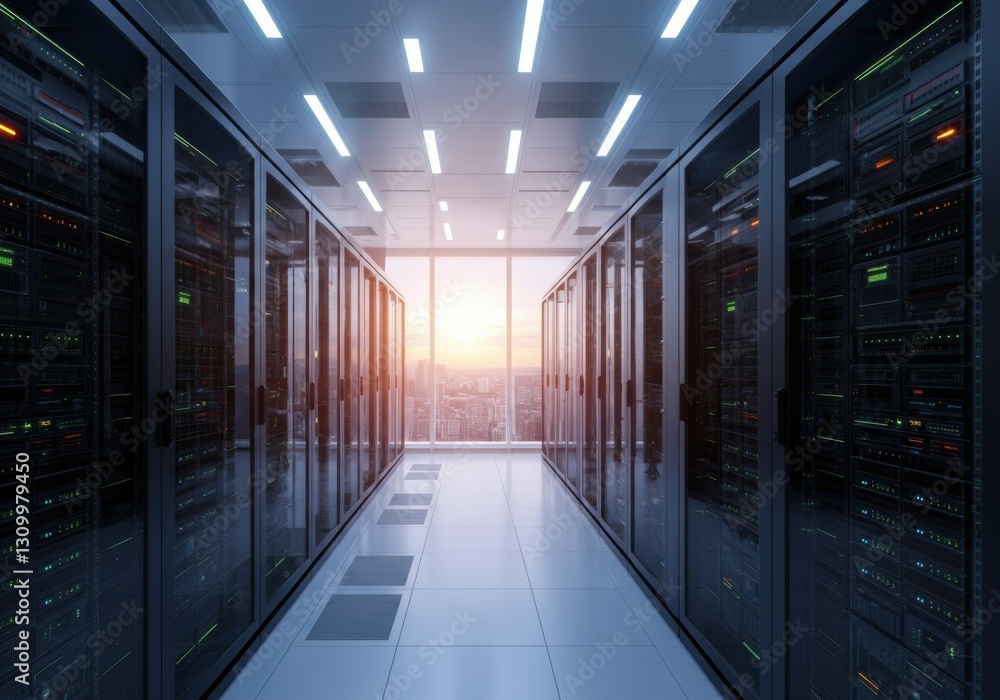 Poster modern data center with server racks and sunset view through windows