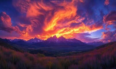 Obraz premium Fiery sunset paints mountain peaks purple hues
