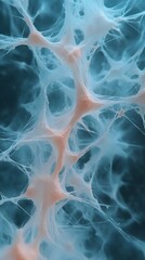 Obraz premium A close-up image showcasing intricate, translucent cellular structures with a blend of blue and pink hues, resembling neural or biological networks.