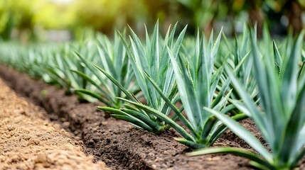 Fototapeta premium Aloe Vera plants growing in a garden, green leaves