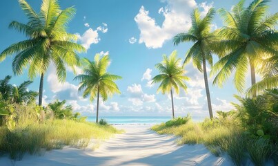 Obraz premium Tropical beach pathway leading to turquoise sea under a bright sky with palm trees