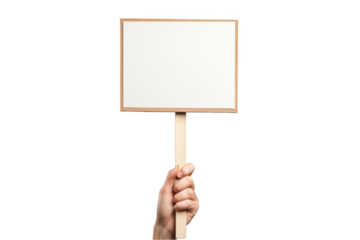 A hand holding a wooden stick sign with a white blank paper for your message or text