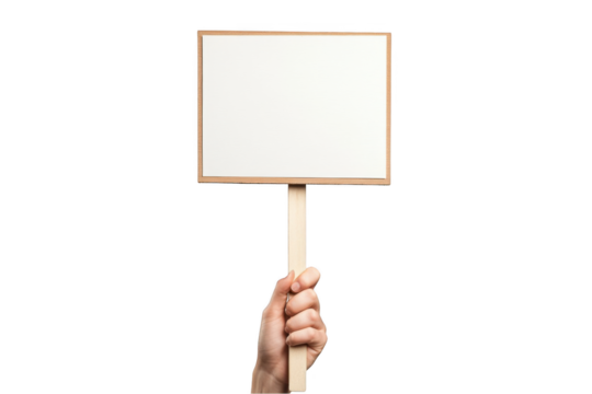 A hand holding a wooden stick sign with a white blank paper for your message or text