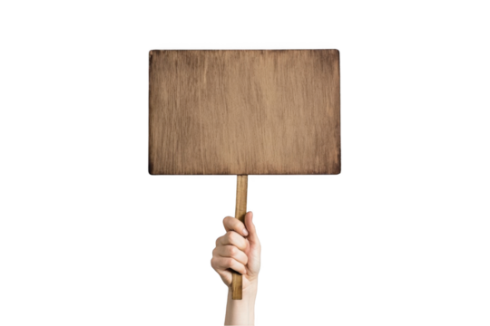 A hand holding a wooden stick sign with a white blank paper for your message or text
