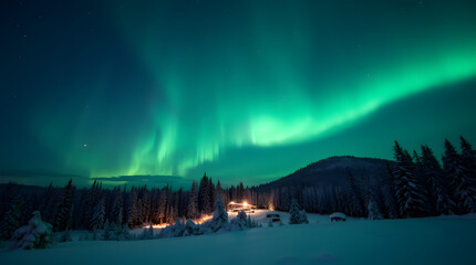 Northern Lights Over Snowy Landscape