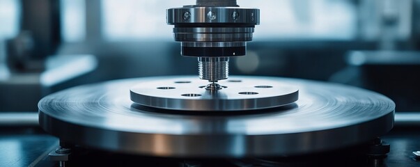 A precision machine component is shown, focusing on a rotating platform and a vertical spindle, indicative of advanced manufacturing technology.