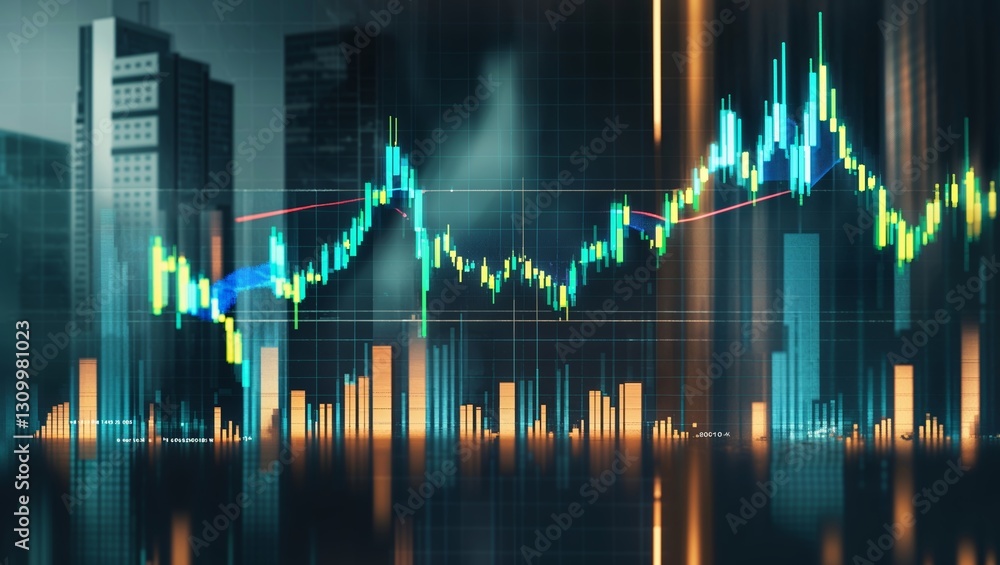 Poster trends in stock market data visualized through colorful analytics against a modern city skyline back
