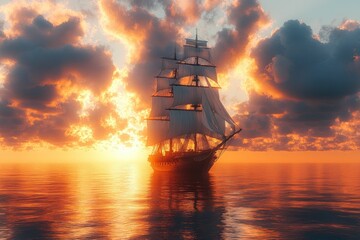 Fototapeta premium Majestic sailing ship sunset ocean voyage