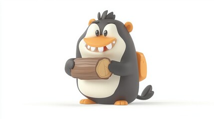Obraz premium Cute cartoon penguin character holding a log, fun and playful design, perfect for children's illustrations, animations, and playful marketing materials.