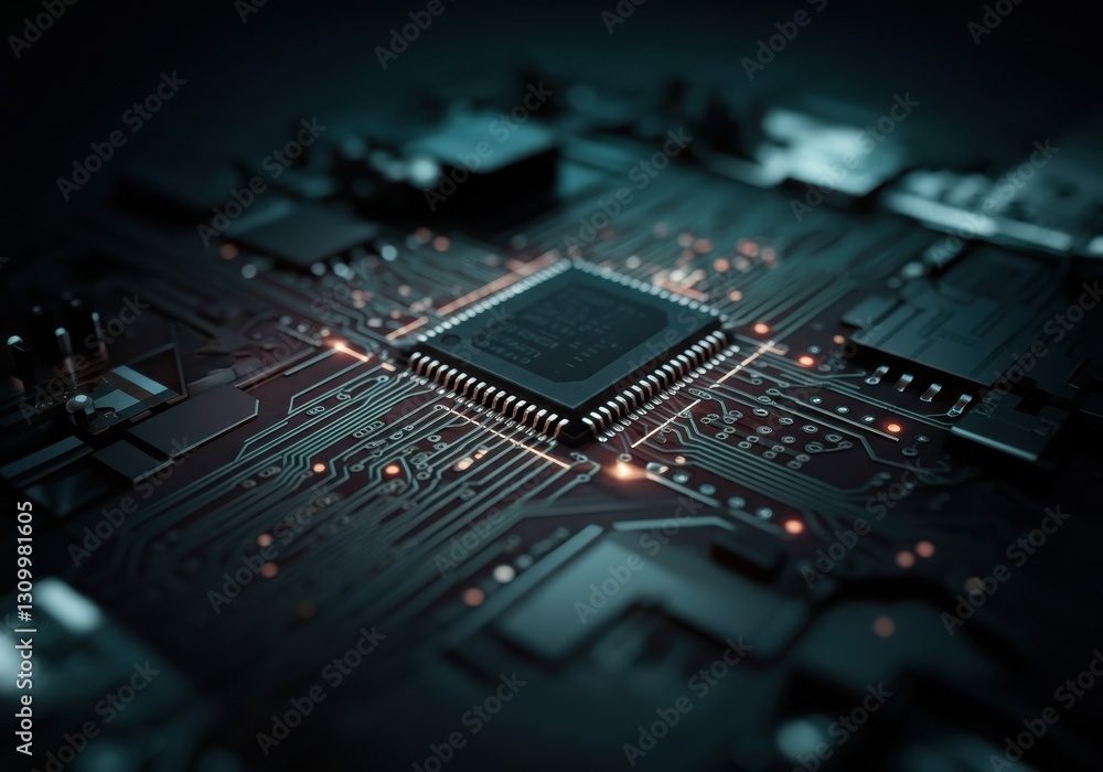 Poster close-up of a microchip on a dark circuit board with glowing connections