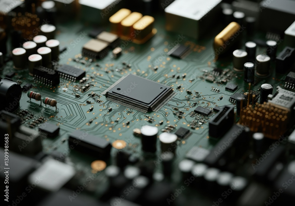 Poster close-up of a complex circuit board showcasing intricate electronic components